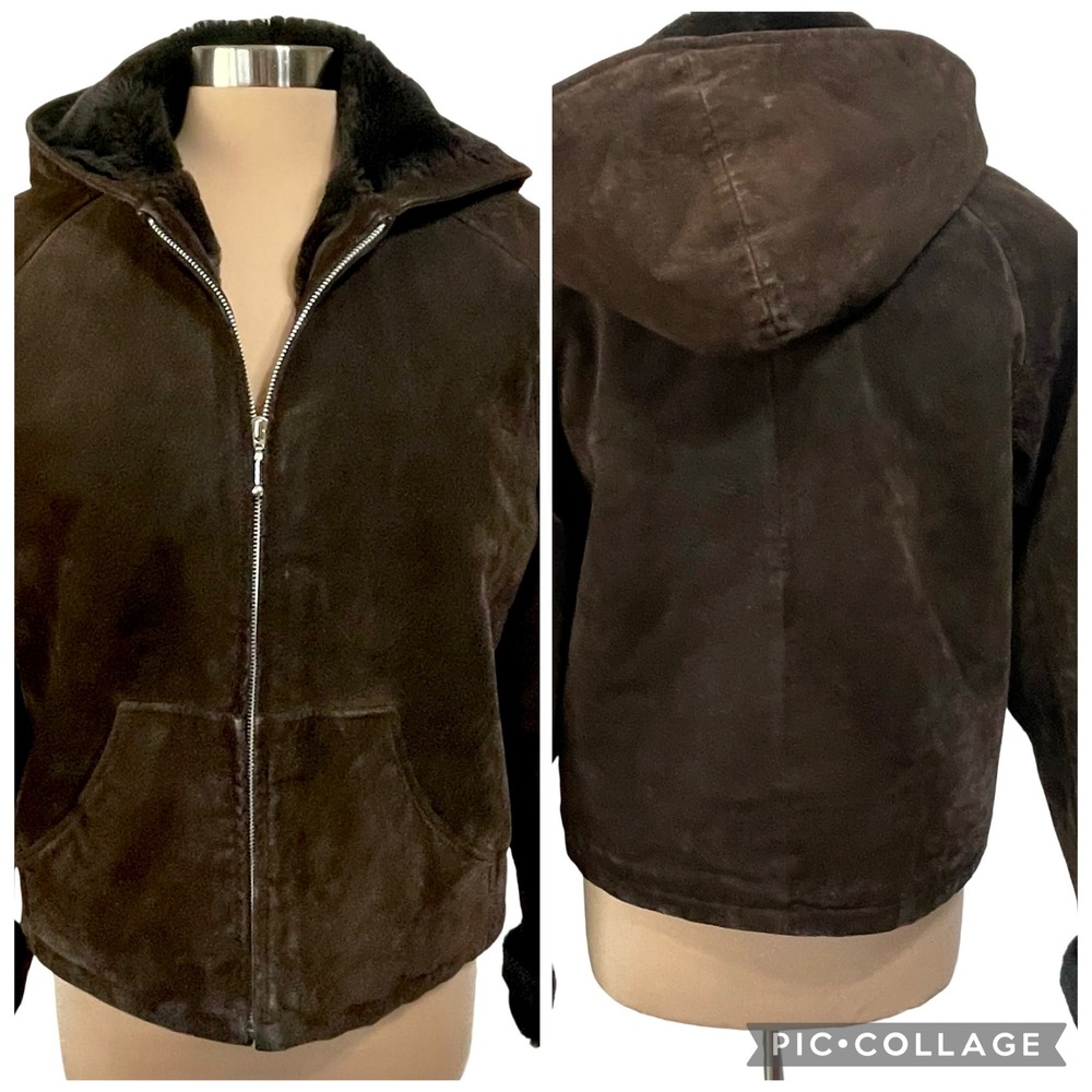 Vintage Wilsons Maxima Brown Suede Faux Fur Lined Hooded Jacket Zip Sz L Pockets